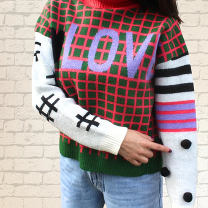 Jersey mujer, jersey estampado, jersey de punto, jersey multicolor, jersey verde, jersey rojo, jersey blanco, jersey original, jersey divertido, jersey de invierno, jersey casual, jersey moderno, jersey oversize, jersey cuello alto, jersey manga larga, jersey estampado geométrico, jersey juvenil, moda mujer, moda femenina, ropa de mujer, ropa de invierno, prendas de punto, look casual, look urbano, estilo urbano, estilo moderno, outfit invierno, jersey colorido, jersey llamativo, jersey tendencia
