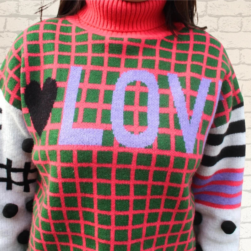 Jersey mujer, jersey estampado, jersey de punto, jersey multicolor, jersey verde, jersey rojo, jersey blanco, jersey original, jersey divertido, jersey de invierno, jersey casual, jersey moderno, jersey oversize, jersey cuello alto, jersey manga larga, jersey estampado geométrico, jersey juvenil, moda mujer, moda femenina, ropa de mujer, ropa de invierno, prendas de punto, look casual, look urbano, estilo urbano, estilo moderno, outfit invierno, jersey colorido, jersey llamativo, jersey tendencia